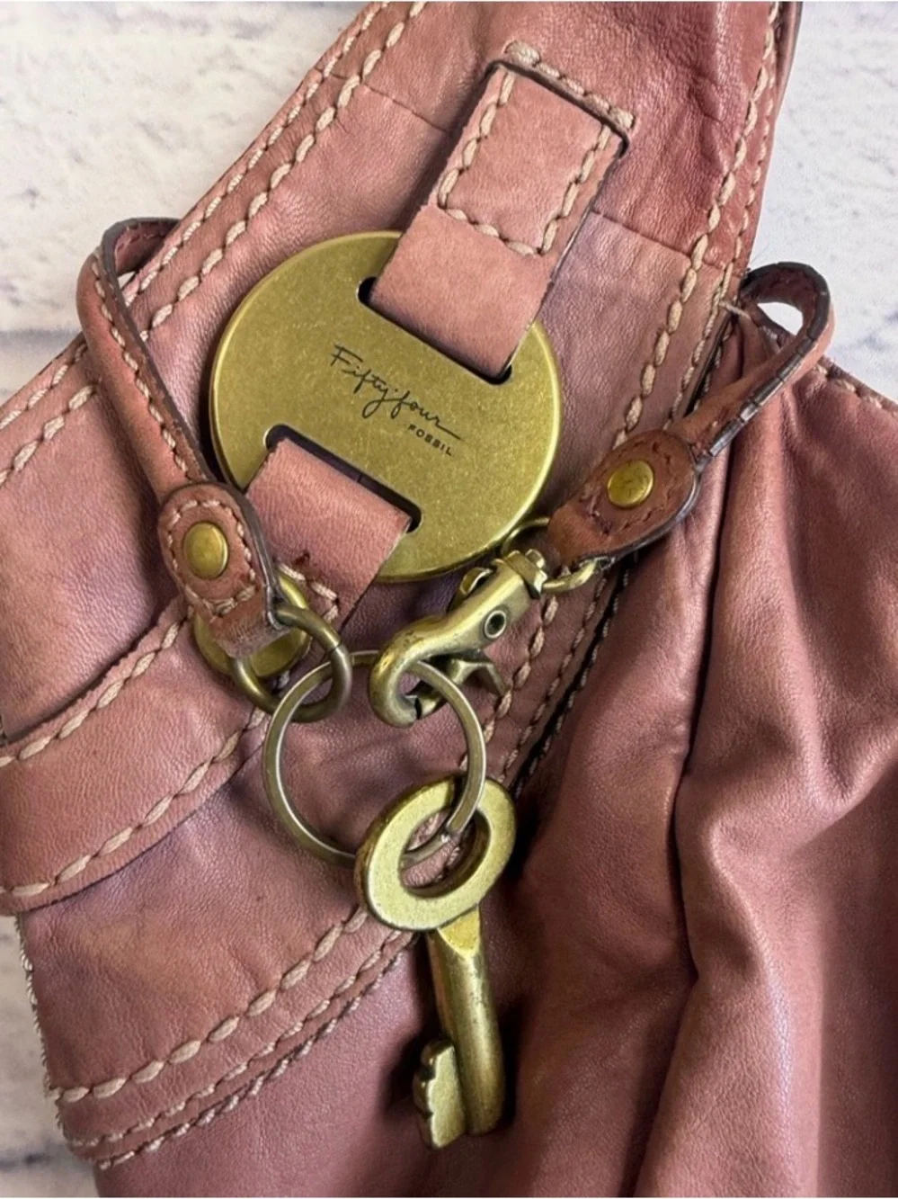 Vintage Fossil Fifty-Four “Blake”Mauve Leather Hobo Bag with Brass Key Charm
